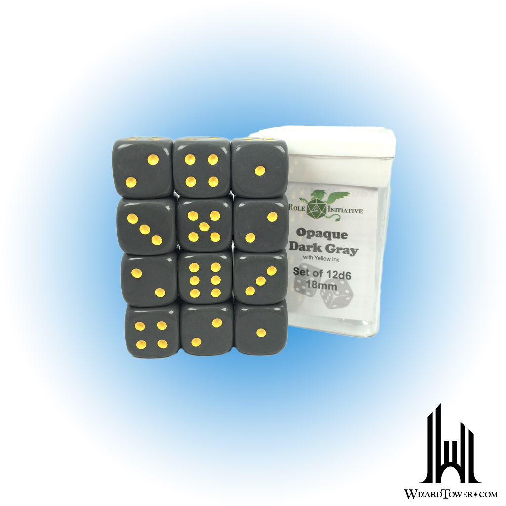 SET OF 12D6 DICE: OPAQUE DARK GREY/YELLOW